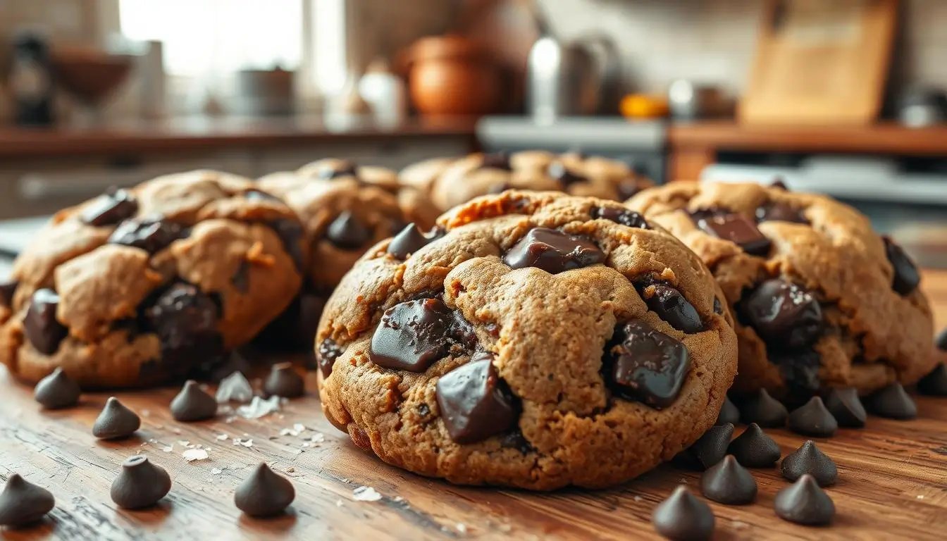 Freshly baked homemade double chunk chocolate cookie with gooey centers