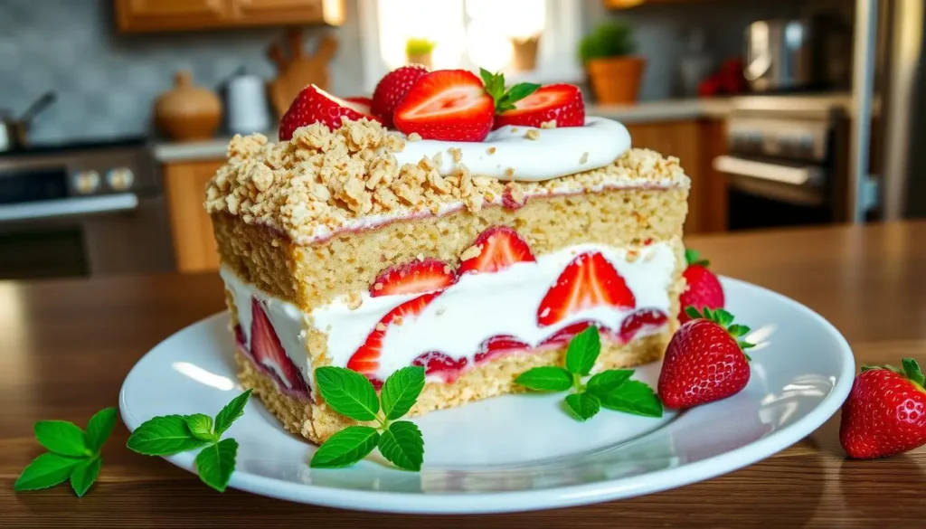 Homemade Strawberry Crunch Cake with fresh strawberries and crunchy topping.