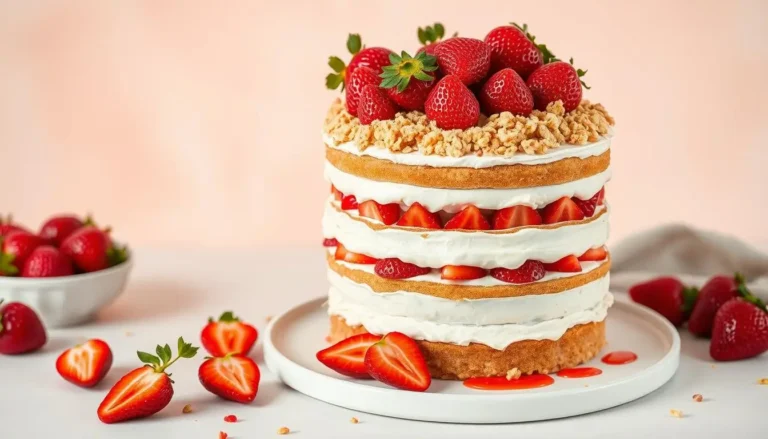 Homemade Strawberry Crunch Cake with fresh strawberries and crunchy topping.