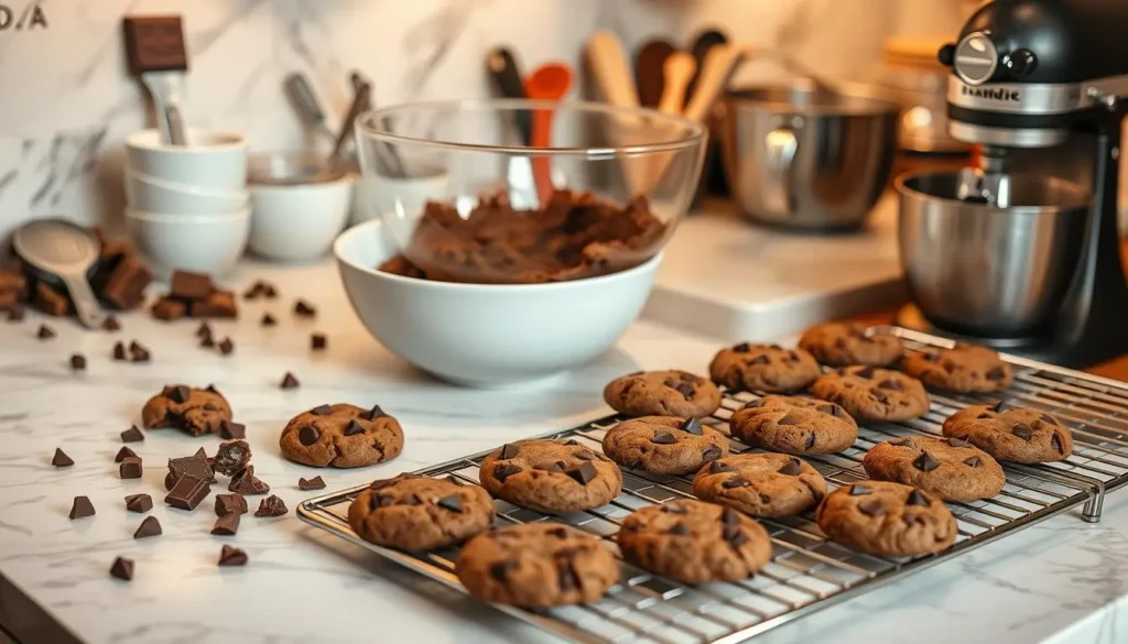 Freshly baked homemade double chunk chocolate cookie with gooey centers