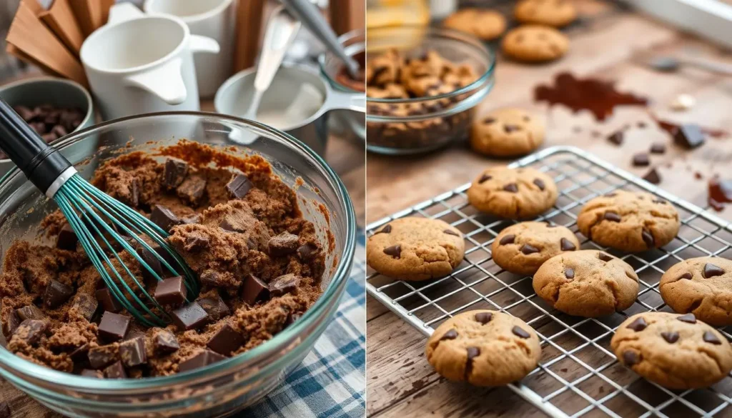 Freshly baked homemade double chunk chocolate cookie with gooey centers